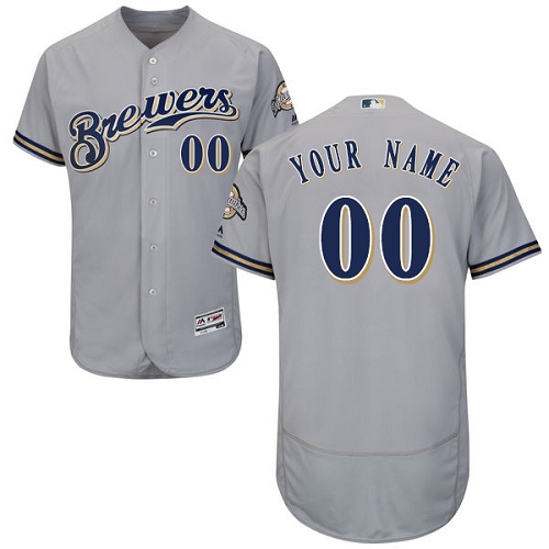 Men's Majestic Milwaukee Brewers Customized Grey Road Flex Base Authentic Collection MLB Jersey