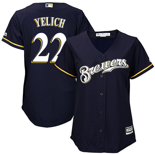Women's Majestic Milwaukee Brewers #22 Christian Yelich Authentic Navy Blue Alternate Cool Base MLB Jersey