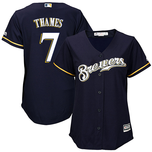 Women's Majestic Milwaukee Brewers #7 Eric Thames Authentic Navy Blue Alternate Cool Base MLB Jersey