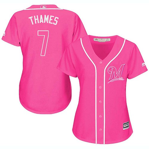 Women's Majestic Milwaukee Brewers #7 Eric Thames Replica Pink Fashion Cool Base MLB Jersey