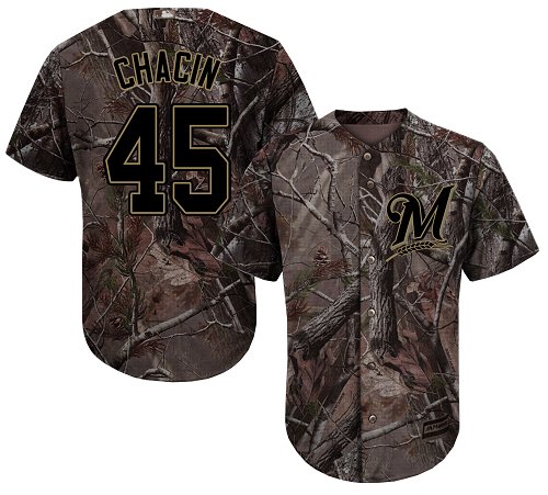 Men's Majestic Milwaukee Brewers #45 Jhoulys Chacin Authentic Camo Realtree Collection Flex Base MLB Jersey