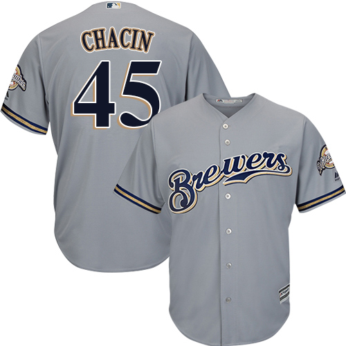 Men's Majestic Milwaukee Brewers #45 Jhoulys Chacin Replica Grey Road Cool Base MLB Jersey