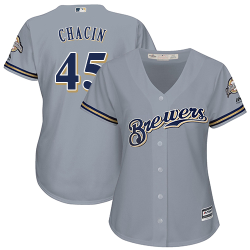 Women's Majestic Milwaukee Brewers #45 Jhoulys Chacin Authentic Grey Road Cool Base MLB Jersey
