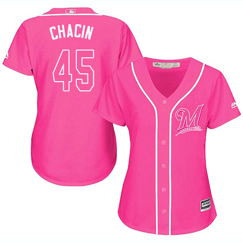 Women's Majestic Milwaukee Brewers #45 Jhoulys Chacin Authentic Pink Fashion Cool Base MLB Jersey