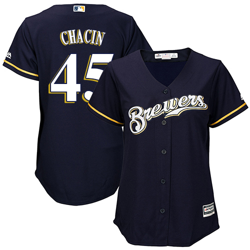 Women's Majestic Milwaukee Brewers #45 Jhoulys Chacin Replica Navy Blue Alternate Cool Base MLB Jersey