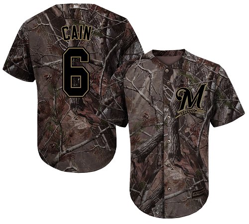 Men's Majestic Milwaukee Brewers #6 Lorenzo Cain Authentic Camo Realtree Collection Flex Base MLB Jersey