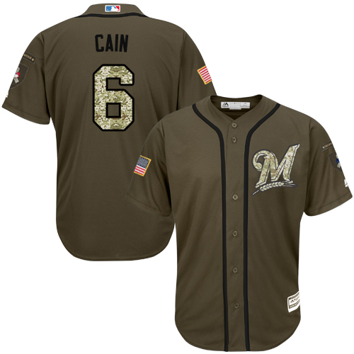 Men's Majestic Milwaukee Brewers #6 Lorenzo Cain Authentic Green Salute to Service MLB Jersey