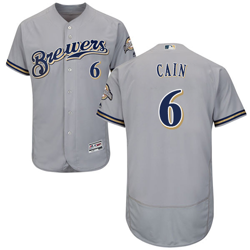 Men's Majestic Milwaukee Brewers #6 Lorenzo Cain Grey Road Flex Base Authentic Collection MLB Jersey