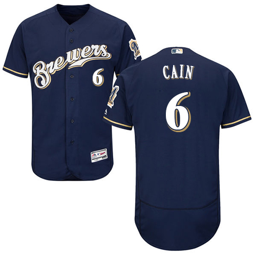 Men's Majestic Milwaukee Brewers #6 Lorenzo Cain Navy Blue Alternate Flex Base Authentic Collection MLB Jersey