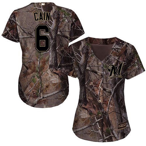 Women's Majestic Milwaukee Brewers #6 Lorenzo Cain Authentic Camo Realtree Collection Flex Base MLB Jersey
