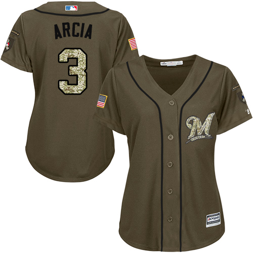 Women's Majestic Milwaukee Brewers #3 Orlando Arcia Authentic Green Salute to Service MLB Jersey