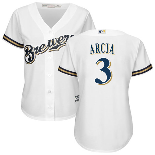 Women's Majestic Milwaukee Brewers #3 Orlando Arcia Authentic White Home Cool Base MLB Jersey