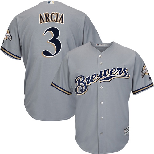 Youth Majestic Milwaukee Brewers #3 Orlando Arcia Authentic Grey Road Cool Base MLB Jersey