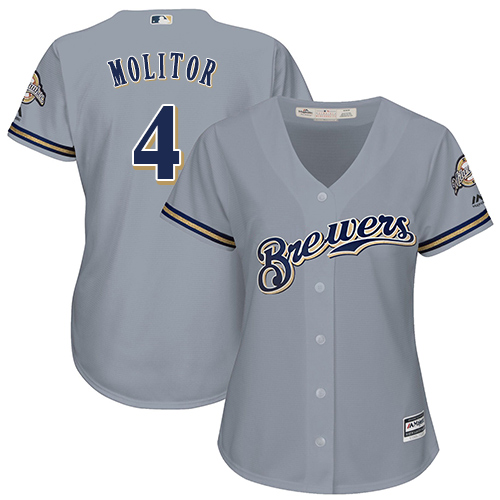 Women's Majestic Milwaukee Brewers #4 Paul Molitor Authentic Grey Road Cool Base MLB Jersey
