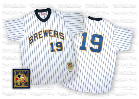 Men's Mitchell and Ness Milwaukee Brewers #19 Robin Yount Authentic White/Blue Strip Throwback MLB Jersey