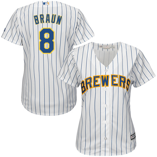 Women's Majestic Milwaukee Brewers #8 Ryan Braun Authentic White/Blue Strip MLB Jersey