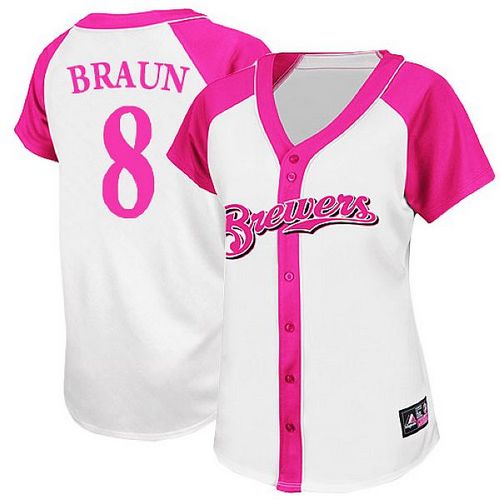 Women's Majestic Milwaukee Brewers #8 Ryan Braun Replica White/Pink Splash Fashion MLB Jersey