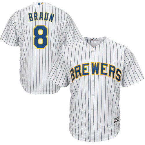 Youth Majestic Milwaukee Brewers #8 Ryan Braun Replica White/Blue Strip MLB Jersey