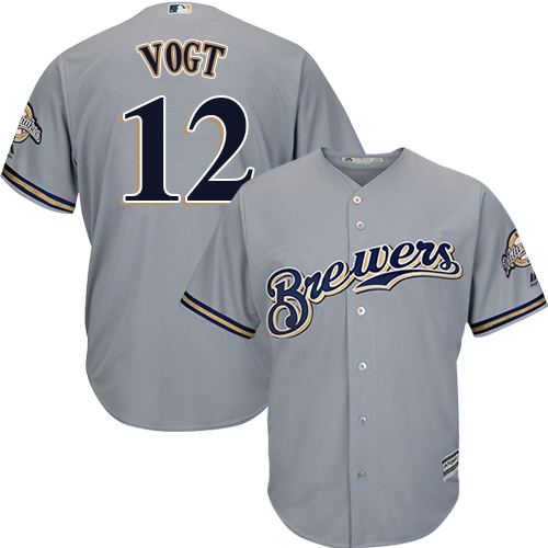 Men's Majestic Milwaukee Brewers #12 Stephen Vogt Replica Grey Road Cool Base MLB Jersey