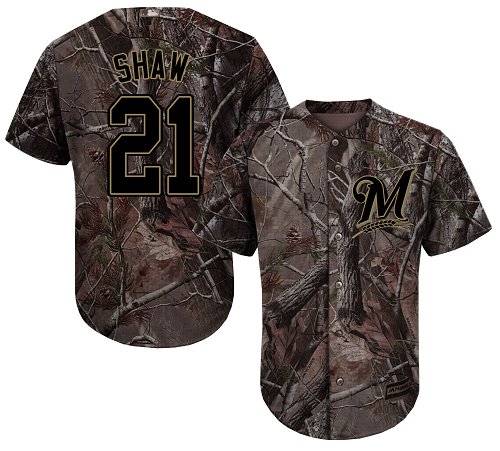 Men's Majestic Milwaukee Brewers #21 Travis Shaw Authentic Camo Realtree Collection Flex Base MLB Jersey