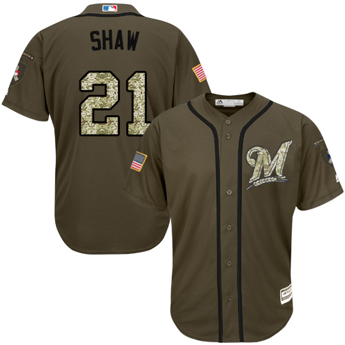Men's Majestic Milwaukee Brewers #21 Travis Shaw Authentic Green Salute to Service MLB Jersey