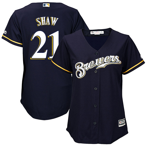 Women's Majestic Milwaukee Brewers #21 Travis Shaw Authentic Navy Blue Alternate Cool Base MLB Jersey