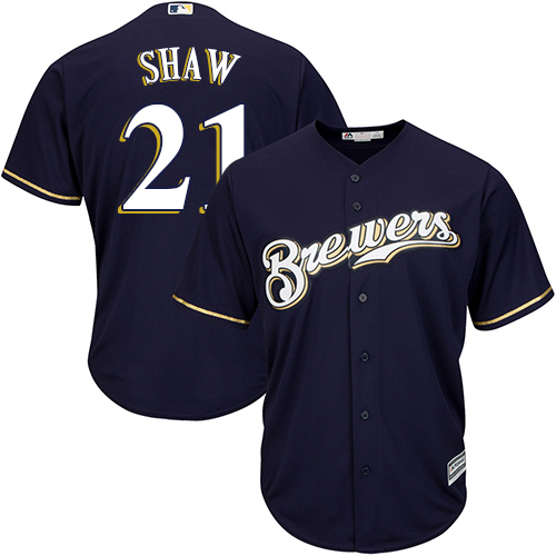 Youth Majestic Milwaukee Brewers #21 Travis Shaw Authentic Navy Blue Alternate Cool Base MLB Jersey