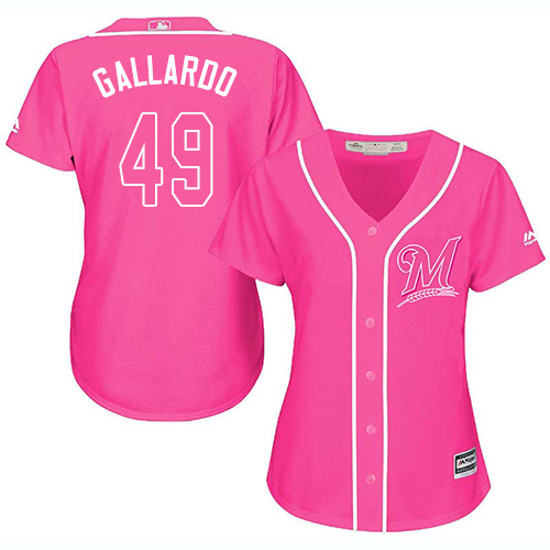 Women's Majestic Milwaukee Brewers #49 Yovani Gallardo Replica Pink Fashion Cool Base MLB Jersey