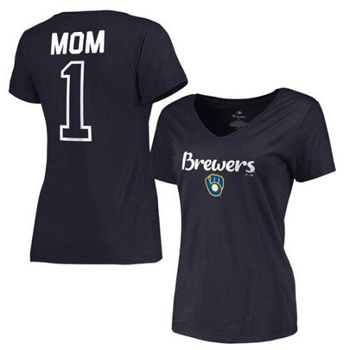 MLB Milwaukee Brewers Women's 2017 Mother's Day #1 Mom V-Neck T-Shirt - Navy
